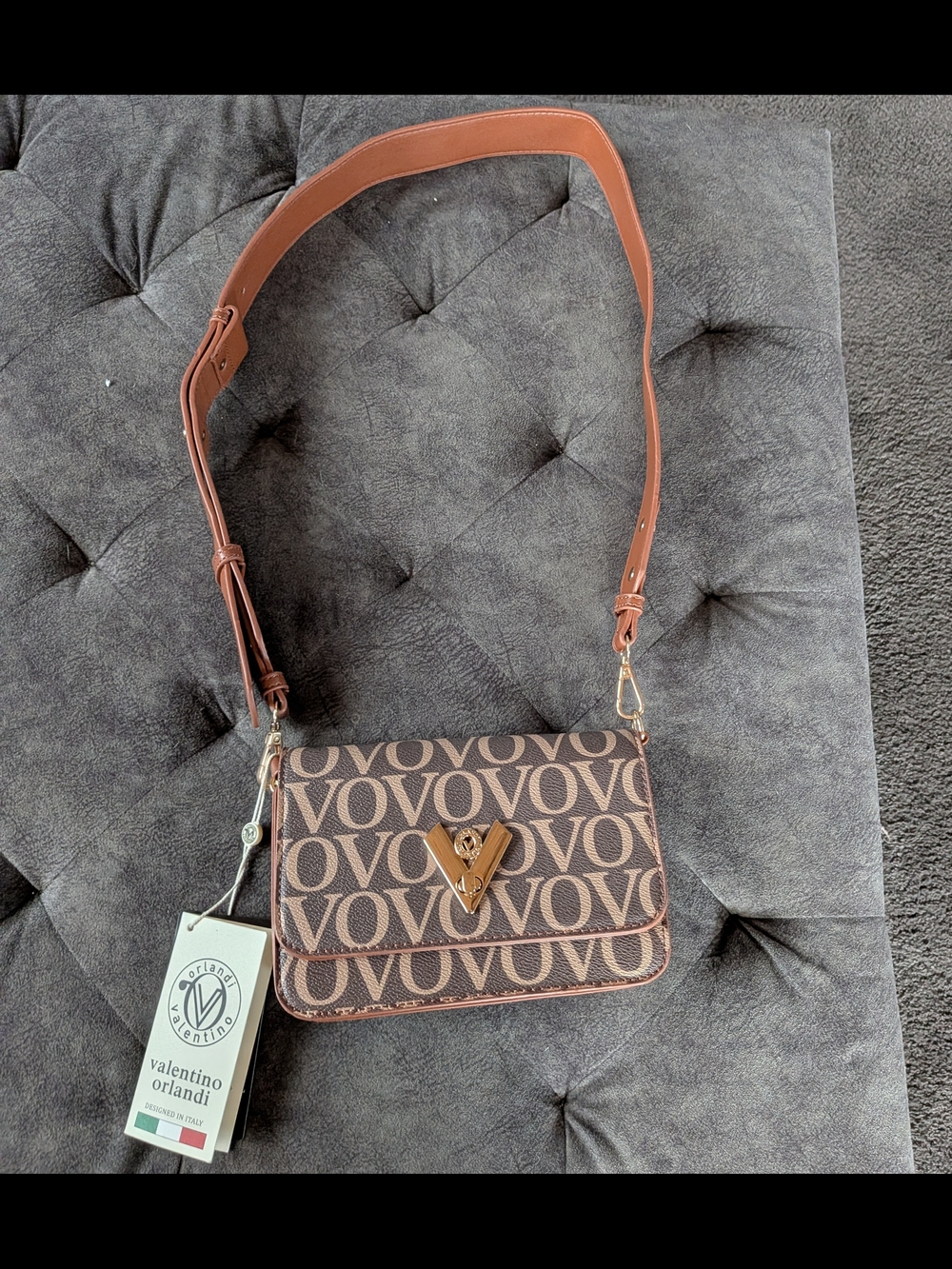 Valentino Orlandi Brown Logo Crossbody with Gold V Accent
